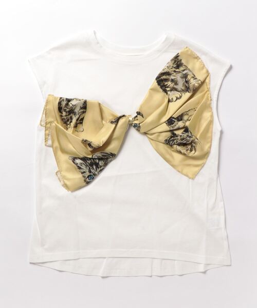 Three Four Time 猫柄リボンフレンチスリーブTシャツ Three Four Time（ｽﾘｰﾌｫｰﾀｲﾑ）の「CATスカーフリボンフレンチ