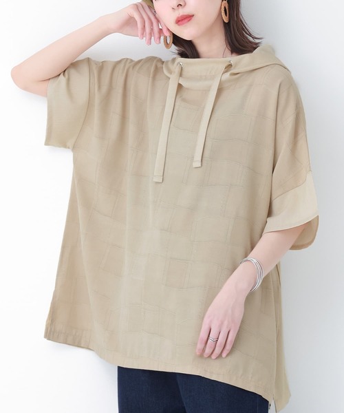 osharewalker（オシャレウォーカー）の「【廃盤】『異素材スタンドフード半端袖パーカー』（パーカー・レディース・ブラック/ベージュ・FREE）」の9枚目の写真