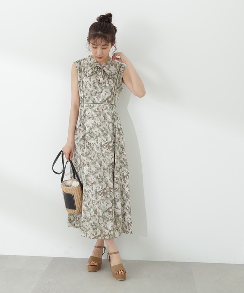 N.（N. Natural Beauty Basic）（エヌエヌナチュラルビューティーベーシック）の「【S Size Line】◆ブラッシュプリントリボンタイワンピース（ワンピース・レディース・ベージュ/グリーン/グレー・SMALL/MEDIUM）」の14枚目の写真