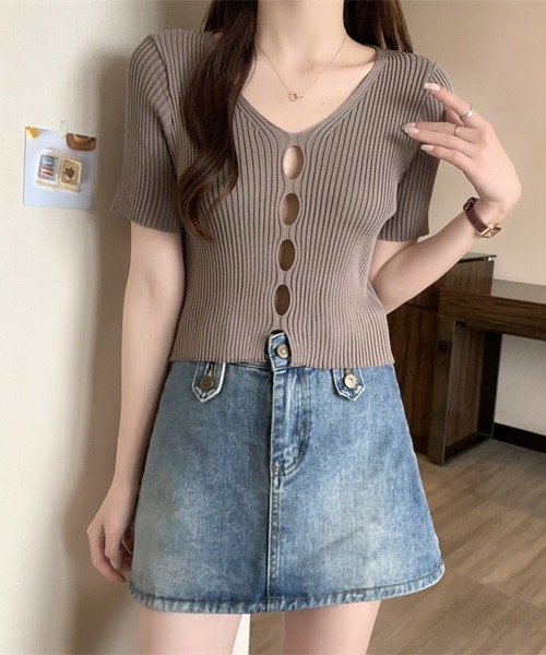 【美品】plantation ロングニット半袖 M フロントオープンデザイン半袖ニット（ニット/セーター）｜LYEON