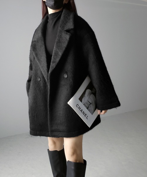 me+em select（ミームセレクト）の「【 ３color 】オーバーサイズシャギーメルトンミドルコート（チェスターコート・レディース・ブラック/チャコール/アイボリー・FREE）」の18枚目の写真