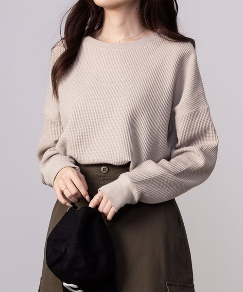 NAVY(ネイビー)の「NAVY ベーシック ワッフル長袖Tシャツ ロンT(Tシャツ/カットソー・レディース・オフホワイト/ベージュ/イエロー系その他/スミクロ・L/M/S/XL)」の1枚目の写真