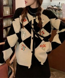 MAISON DE THERESE | 花柄刺繍 バイカラーカーディガン レトロ アーガイルニット セーター(カーディガン/ボレロ)