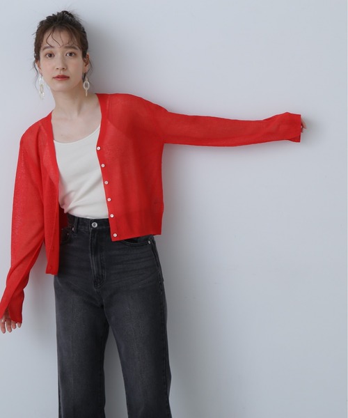 N.（N. Natural Beauty Basic）（エヌエヌナチュラルビューティーベーシック）の「◆Ｖネックシアーカーディガン（カーディガン/ボレロ・レディース・オフホワイト/チャコールグレー/レッド・MEDIUM）」の10枚目の写真