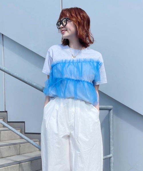 RODEO CROWNS WIDE BOWL（ロデオクラウンズワイドボウル）の「チュールドッキングＴシャツ（Tシャツ/カットソー・レディース・ブルー/ブラック/ホワイト・FREE）」の3枚目の写真