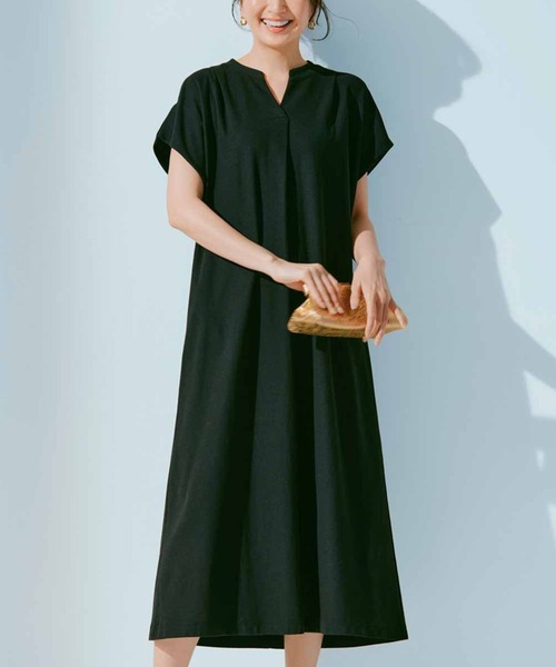 IEDIT(イディット)の「IEDIT 抗菌防臭・吸汗速乾・接触冷感・UVケア フレンチスリーブわきシェードかのこカットソーワンピース(ワンピース・レディース・ベージュ/ブラック/ネイビー・XXX-LARGE/XX-LARGE/X-LARGE/LARGE/MEDIUM/NM)」の2枚目の写真