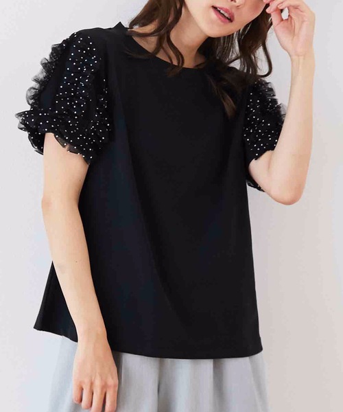 M y u（ミュー）の「ドットチュールシフォンライン半袖Tシャツ（Tシャツ/カットソー・レディース・ホワイト/ブラック・MEDIUM/LARGE）」の2枚目の写真