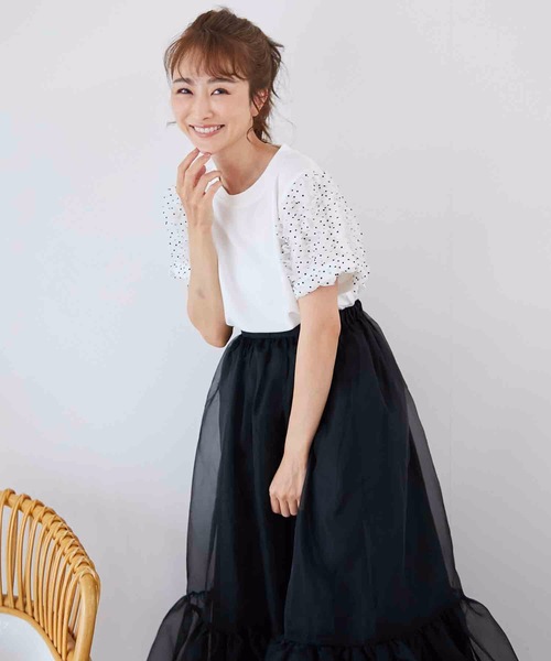 M y u（ミュー）の「ドットチュールシフォンライン半袖Tシャツ（Tシャツ/カットソー・レディース・ホワイト/ブラック・MEDIUM/LARGE）」の3枚目の写真