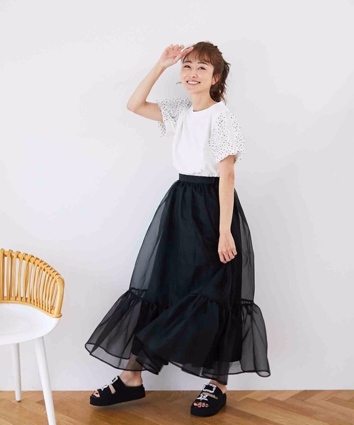 M y u（ミュー）の「ドットチュールシフォンライン半袖Tシャツ（Tシャツ/カットソー・レディース・ホワイト/ブラック・MEDIUM/LARGE）」の5枚目の写真