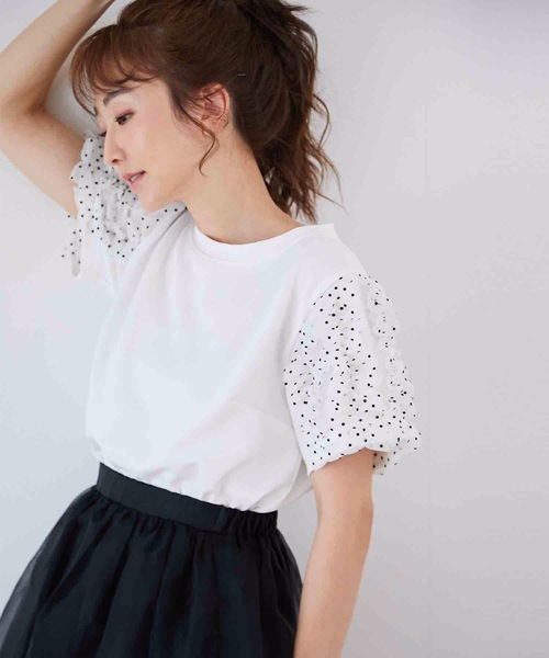 M y u（ミュー）の「ドットチュールシフォンライン半袖Tシャツ（Tシャツ/カットソー・レディース・ホワイト/ブラック・MEDIUM/LARGE）」の6枚目の写真