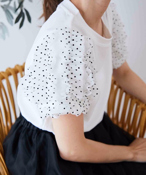 M y u（ミュー）の「ドットチュールシフォンライン半袖Tシャツ（Tシャツ/カットソー・レディース・ホワイト/ブラック・MEDIUM/LARGE）」の7枚目の写真
