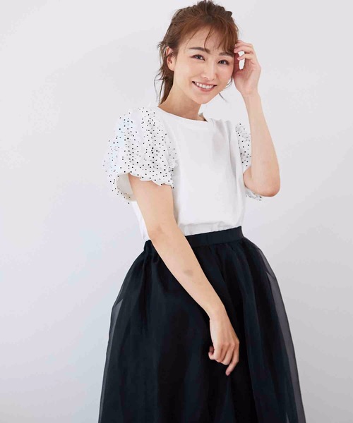 M y u（ミュー）の「ドットチュールシフォンライン半袖Tシャツ（Tシャツ/カットソー・レディース・ホワイト/ブラック・MEDIUM/LARGE）」の4枚目の写真