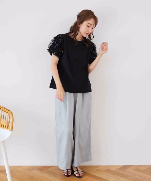 M y u（ミュー）の「ドットチュールシフォンライン半袖Tシャツ（Tシャツ/カットソー・レディース・ホワイト/ブラック・MEDIUM/LARGE）」の12枚目の写真