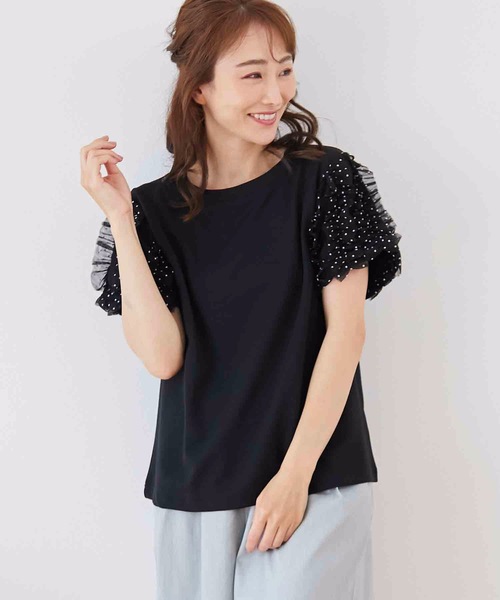 M y u（ミュー）の「ドットチュールシフォンライン半袖Tシャツ（Tシャツ/カットソー・レディース・ホワイト/ブラック・MEDIUM/LARGE）」の9枚目の写真