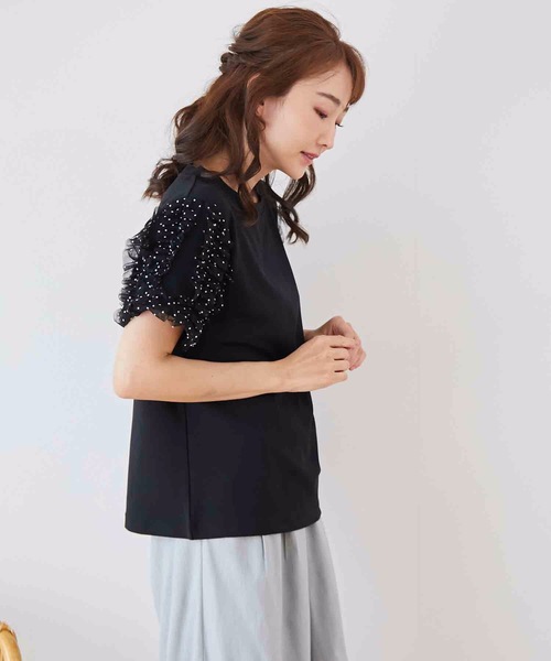 M y u（ミュー）の「ドットチュールシフォンライン半袖Tシャツ（Tシャツ/カットソー・レディース・ホワイト/ブラック・MEDIUM/LARGE）」の10枚目の写真