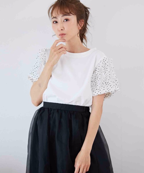 M y u（ミュー）の「ドットチュールシフォンライン半袖Tシャツ（Tシャツ/カットソー・レディース・ホワイト/ブラック・MEDIUM/LARGE）」の18枚目の写真