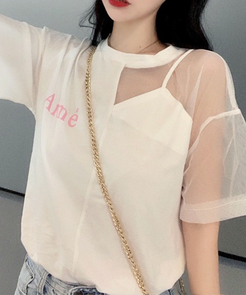 GLAMOROUS JANE（グラマラスジェーン）の「オーガンジー切替ロゴプリントTシャツ（Tシャツ/カットソー・レディース・ホワイト/ブラック・FREE）」の2枚目の写真