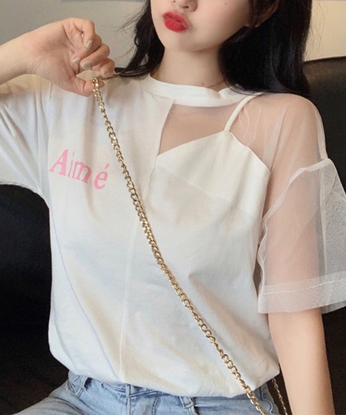GLAMOROUS JANE（グラマラスジェーン）の「オーガンジー切替ロゴプリントTシャツ（Tシャツ/カットソー・レディース・ホワイト/ブラック・FREE）」の13枚目の写真