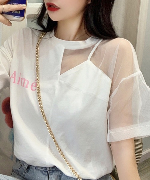 GLAMOROUS JANE（グラマラスジェーン）の「オーガンジー切替ロゴプリントTシャツ（Tシャツ/カットソー・レディース・ホワイト/ブラック・FREE）」の12枚目の写真