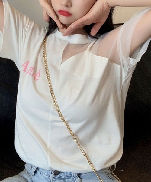 GLAMOROUS JANE（グラマラスジェーン）の「オーガンジー切替ロゴプリントTシャツ（Tシャツ/カットソー・レディース・ホワイト/ブラック・FREE）」の9枚目の写真