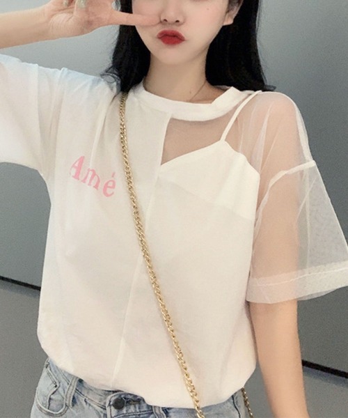 GLAMOROUS JANE（グラマラスジェーン）の「オーガンジー切替ロゴプリントTシャツ（Tシャツ/カットソー・レディース・ホワイト/ブラック・FREE）」の8枚目の写真