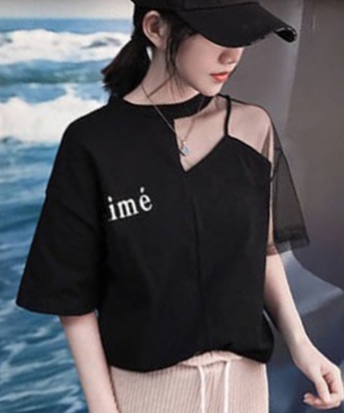 GLAMOROUS JANE（グラマラスジェーン）の「オーガンジー切替ロゴプリントTシャツ（Tシャツ/カットソー・レディース・ホワイト/ブラック・FREE）」の7枚目の写真