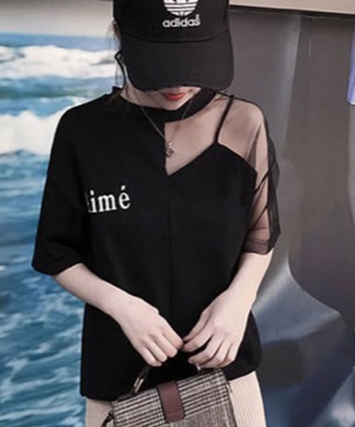 GLAMOROUS JANE（グラマラスジェーン）の「オーガンジー切替ロゴプリントTシャツ（Tシャツ/カットソー・レディース・ホワイト/ブラック・FREE）」の6枚目の写真