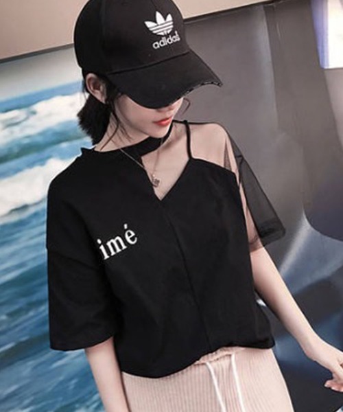 GLAMOROUS JANE（グラマラスジェーン）の「オーガンジー切替ロゴプリントTシャツ（Tシャツ/カットソー・レディース・ホワイト/ブラック・FREE）」の4枚目の写真