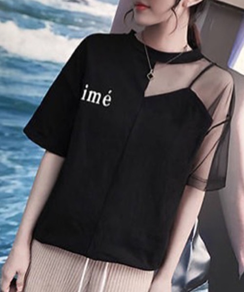 GLAMOROUS JANE（グラマラスジェーン）の「オーガンジー切替ロゴプリントTシャツ（Tシャツ/カットソー・レディース・ホワイト/ブラック・FREE）」の3枚目の写真