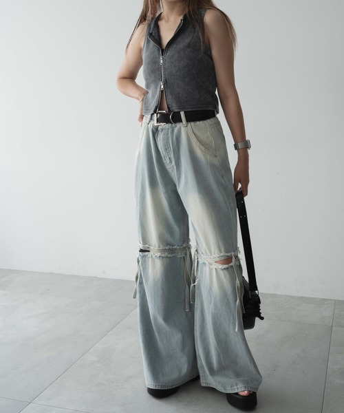 dispark（ディスパーク）の「DISPARK/スリットダメージルーズデニム（デニムパンツ・レディース・ブルー系1/ブラック・LARGE/MEDIUM/SMALL）」の4枚目の写真