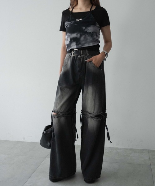 dispark（ディスパーク）の「DISPARK/スリットダメージルーズデニム（デニムパンツ・レディース・ブルー系1/ブラック・LARGE/MEDIUM/SMALL）」の3枚目の写真