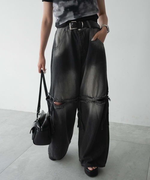 dispark（ディスパーク）の「DISPARK/スリットダメージルーズデニム（デニムパンツ・レディース・ブルー系1/ブラック・LARGE/MEDIUM/SMALL）」の5枚目の写真