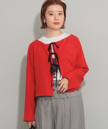 Ray BEAMS | Ray BEAMS / リブ ギャザーネック リボン カーディガン(カーディガン/ボレロ)