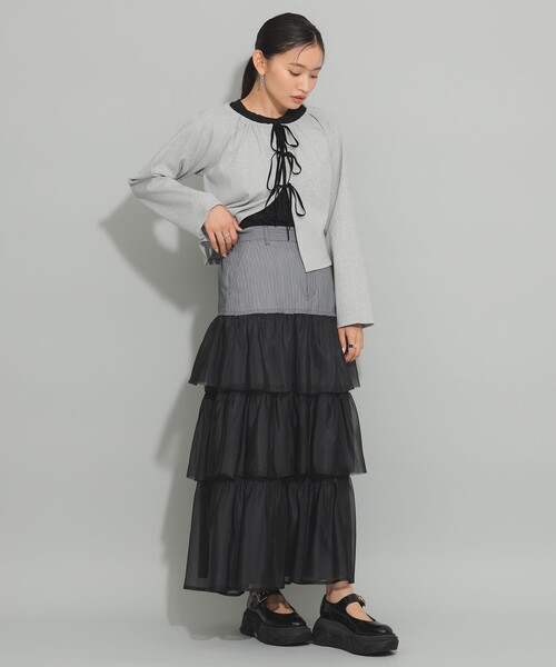 Ray BEAMS（レイビームス）の「Ray BEAMS / リブ ギャザーネック リボン カーディガン（カーディガン/ボレロ・レディース・グレー/レッド・ONE SIZE）」の9枚目の写真