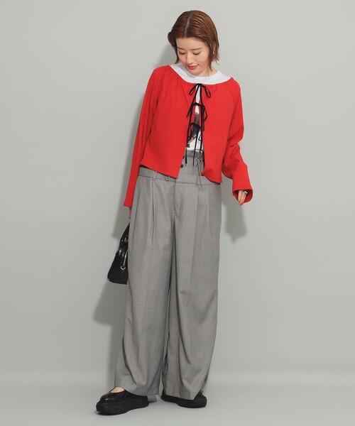 Ray BEAMS（レイビームス）の「Ray BEAMS / リブ ギャザーネック リボン カーディガン（カーディガン/ボレロ・レディース・グレー/レッド・ONE SIZE）」の11枚目の写真