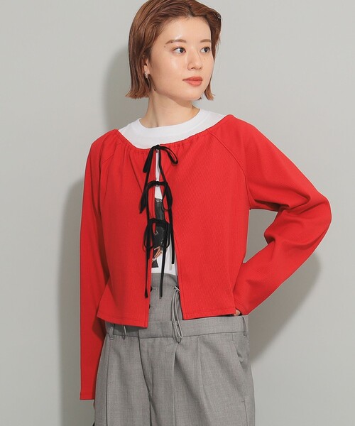 Ray BEAMS（レイビームス）の「Ray BEAMS / リブ ギャザーネック リボン カーディガン（カーディガン/ボレロ・レディース・グレー/レッド・ONE SIZE）」の13枚目の写真