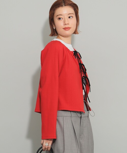 Ray BEAMS（レイビームス）の「Ray BEAMS / リブ ギャザーネック リボン カーディガン（カーディガン/ボレロ・レディース・グレー/レッド・ONE SIZE）」の12枚目の写真