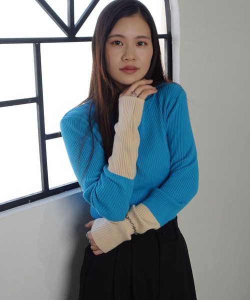 CORNERS（コーナーズ）の「バイカラースリーブリブニットプルオーバー（Tシャツ/カットソー・レディース・ベージュ/ターコイズブルー/グレー/カーキ/ブラック・M）」の11枚目の写真