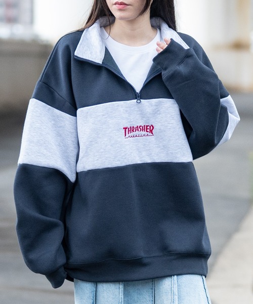 THRASHER（スラッシャー）の「【at】〔THRASHER/スラッシャー〕裏起毛 ロゴ刺繍 ライン切り替え ハーフジップ（スウェット・メンズ・アッシュグレー/ホワイト/ネイビー/グリーン/ブラック・MEDIUM/LARGE）」の5枚目の写真