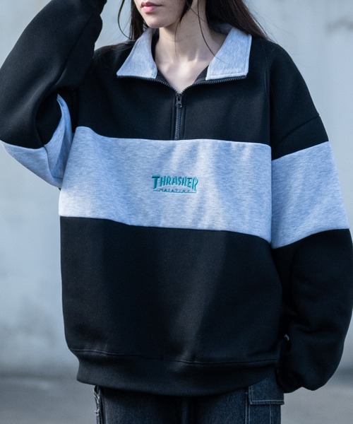 THRASHER（スラッシャー）の「【at】〔THRASHER/スラッシャー〕裏起毛 ロゴ刺繍 ライン切り替え ハーフジップ（スウェット・メンズ・アッシュグレー/ホワイト/ネイビー/グリーン/ブラック・MEDIUM/LARGE）」の3枚目の写真
