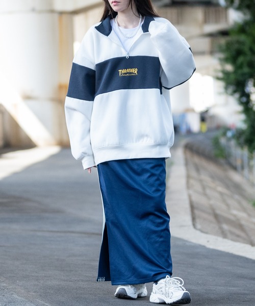 THRASHER（スラッシャー）の「【at】〔THRASHER/スラッシャー〕裏起毛 ロゴ刺繍 ライン切り替え ハーフジップ（スウェット・メンズ・アッシュグレー/ホワイト/ネイビー/グリーン/ブラック・MEDIUM/LARGE）」の9枚目の写真