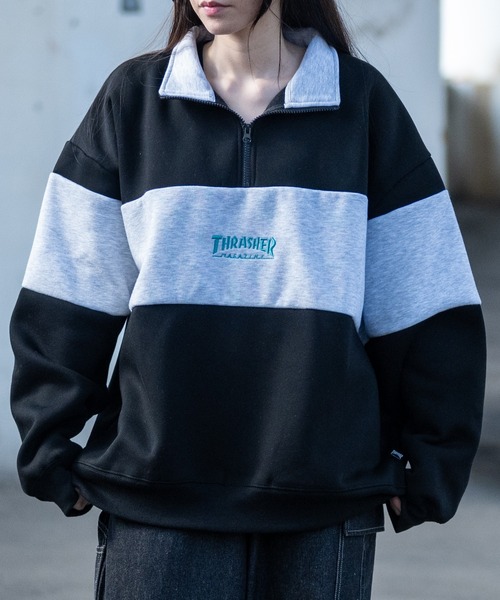 THRASHER（スラッシャー）の「【at】〔THRASHER/スラッシャー〕裏起毛 ロゴ刺繍 ライン切り替え ハーフジップ（スウェット・メンズ・アッシュグレー/ホワイト/ネイビー/グリーン/ブラック・MEDIUM/LARGE）」の12枚目の写真