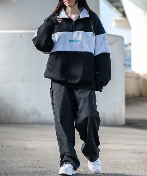 THRASHER（スラッシャー）の「【at】〔THRASHER/スラッシャー〕裏起毛 ロゴ刺繍 ライン切り替え ハーフジップ（スウェット・メンズ・アッシュグレー/ホワイト/ネイビー/グリーン/ブラック・MEDIUM/LARGE）」の15枚目の写真