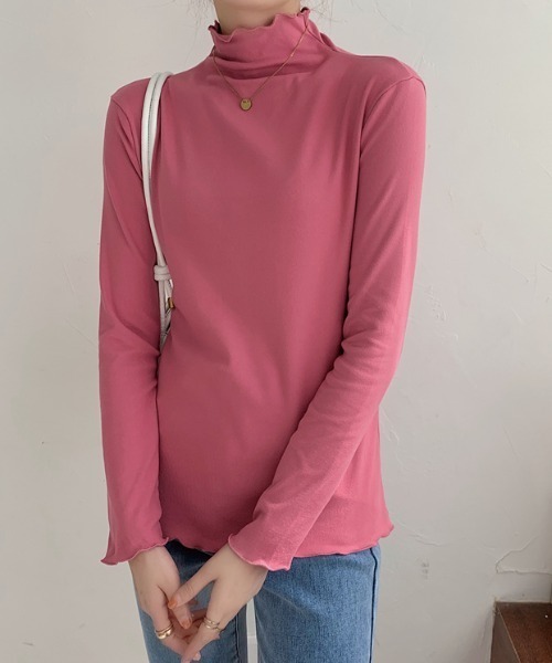 GEMEDA(ジェメダ)の「【新柄追加】ハイネックメローフリルロングT(Tシャツ/カットソー・レディース・ベージュ/ライトパープル/ブラック/ホワイト/ピンク/ライトグリーン/ベージュ系その他/ブラック系・M)」の1枚目の写真