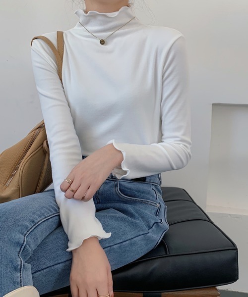 GEMEDA(ジェメダ)の「【新柄追加】ハイネックメローフリルロングT(Tシャツ/カットソー・レディース・ベージュ/ライトパープル/ブラック/ホワイト/ピンク/ライトグリーン/ベージュ系その他/ブラック系・M)」の16枚目の写真