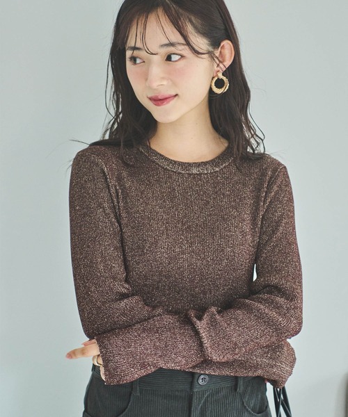 mil(ミル)の「【150㎝前後の小柄さんサイズ】シンプルラメリブニット(ニット/セーター・レディース・ライトグレー/ブラウン/ベージュ・XS/S)」の1枚目の写真