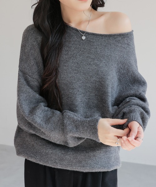 セール】大人カジュアルボートネックオフショルダーニットセーター