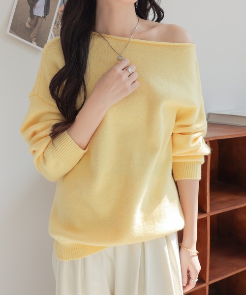 セール】大人カジュアルボートネックオフショルダーニットセーター
