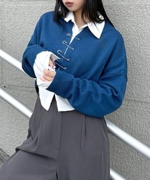 【LVEU.】ピンデザインカーディガン / トップス カーディガン ニット ピン 羽織 クロップド ショート ブラック アイボリー ブルー