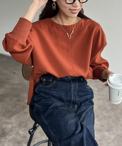 Chez toi（シェトワ）の「裏起毛ストレッチドルマンプルオーバー（Tシャツ/カットソー・レディース・オレンジ/ブラック/グレイッシュベージュ・FREE）」の11枚目の写真